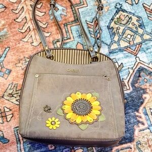 Chala Gray Shoulder Bag with Embroidered Sunflower EUC